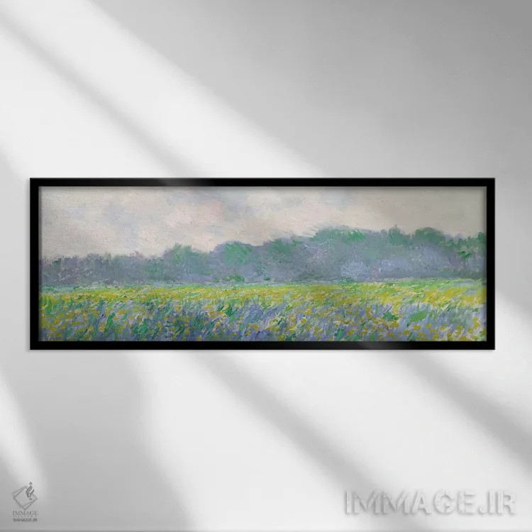 تابلو مزرعه گل زنبق زرد در ژیورنی، ۱۸۸۷ اثر کلود مونه (نقاش معروف فرانسوی) - نمای قابدار مشکی