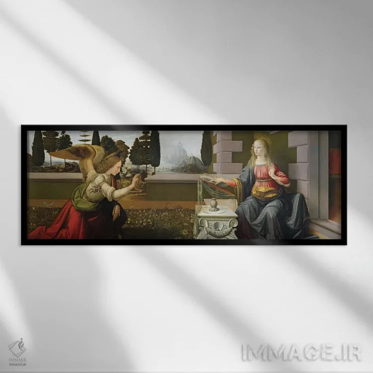 تابلو بشارت، ۱۴۷۲-۷۵ (نقاشی معنویتی) اثر لئوناردو داوینچی (نقاش و مخترع ایتالیایی) - نمای قابدار مشکی