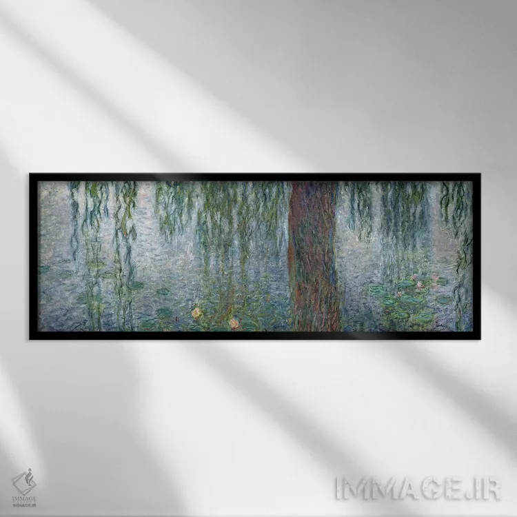 تابلو نیلوفرهای آبی: صبح با بید مجنون، جزئیات بخش چپ، ۱۹۱۵-۲۶ اثر کلود مونه (نقاش معروف فرانسوی) - نمای قابدار مشکی