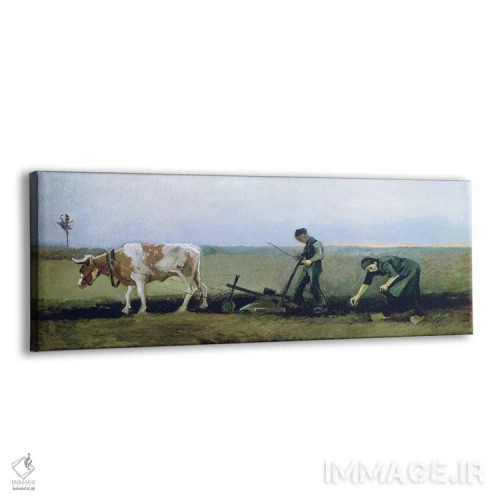 تابلو کارگر و روستایی در حال کاشت سیبزمینی، ۱۸۸۴ اثر ونسان ون گوگ (نقاش مشهور هلندی پستامپرسیونیسم) - نمای پرسپکتیو محصول
