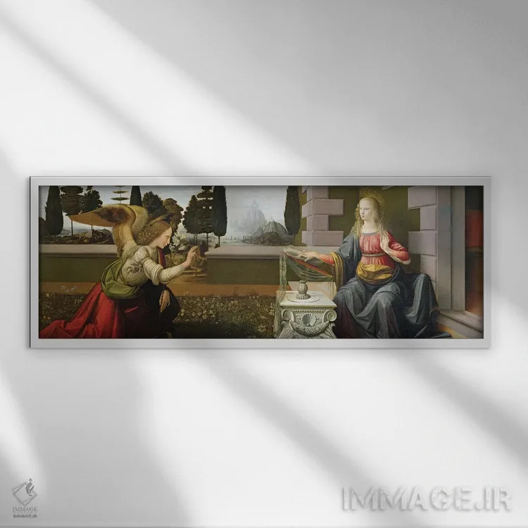 تابلو بشارت، ۱۴۷۲-۷۵ (نقاشی معنویتی) اثر لئوناردو داوینچی (نقاش و مخترع ایتالیایی) - نمای قابدار سفید