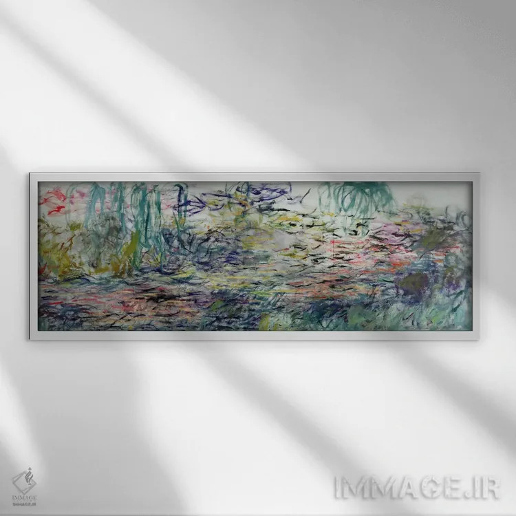 تابلو نیلوفرهای آبی، ۱۹۱۷-۱۹ اثر کلود مونه (نقاش معروف فرانسوی) - نمای قابدار سفید