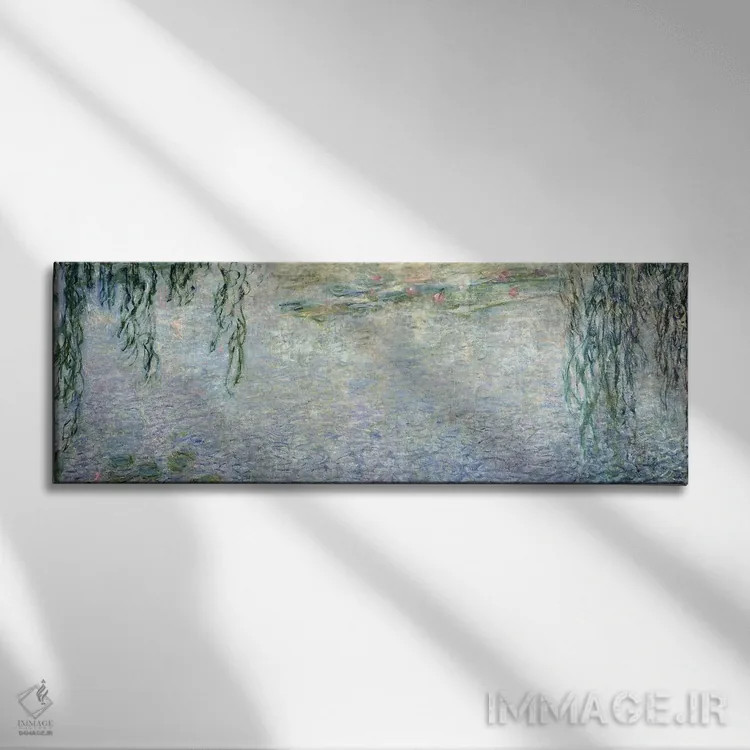 تابلو نیلوفرهای آبی: صبح با بید مجنون، جزئیات بخش مرکزی، ۱۹۱۵-۲۶ اثر کلود مونه (نقاش معروف فرانسوی) - نمای روبهرو روی دیوار