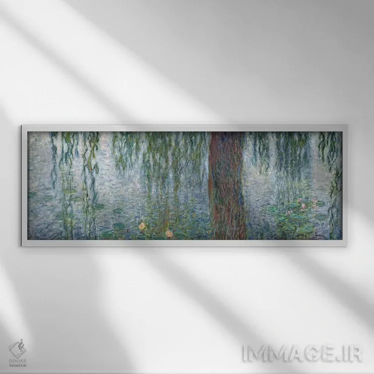 تابلو نیلوفرهای آبی: صبح با بید مجنون، جزئیات بخش چپ، ۱۹۱۵-۲۶ اثر کلود مونه (نقاش معروف فرانسوی) - نمای قابدار سفید