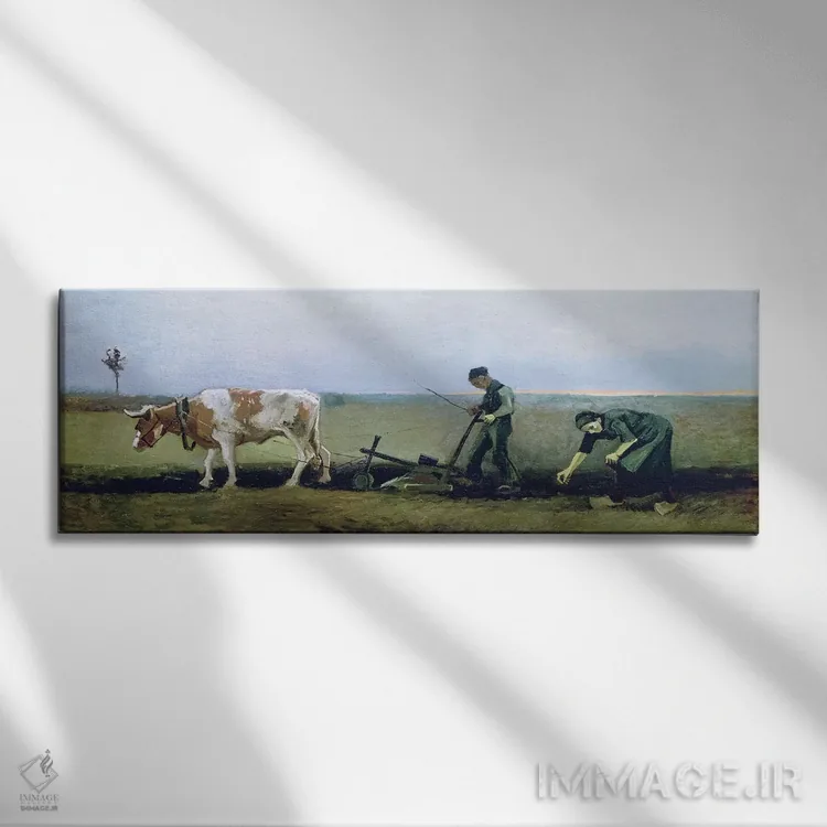 تابلو کارگر و روستایی در حال کاشت سیبزمینی، ۱۸۸۴ اثر ونسان ون گوگ (نقاش مشهور هلندی پستامپرسیونیسم) - نمای روبهرو روی دیوار