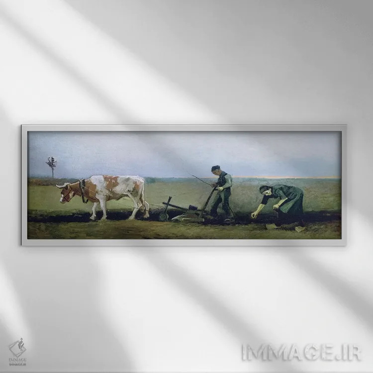 تابلو کارگر و روستایی در حال کاشت سیبزمینی، ۱۸۸۴ اثر ونسان ون گوگ (نقاش مشهور هلندی پستامپرسیونیسم) - نمای قابدار سفید