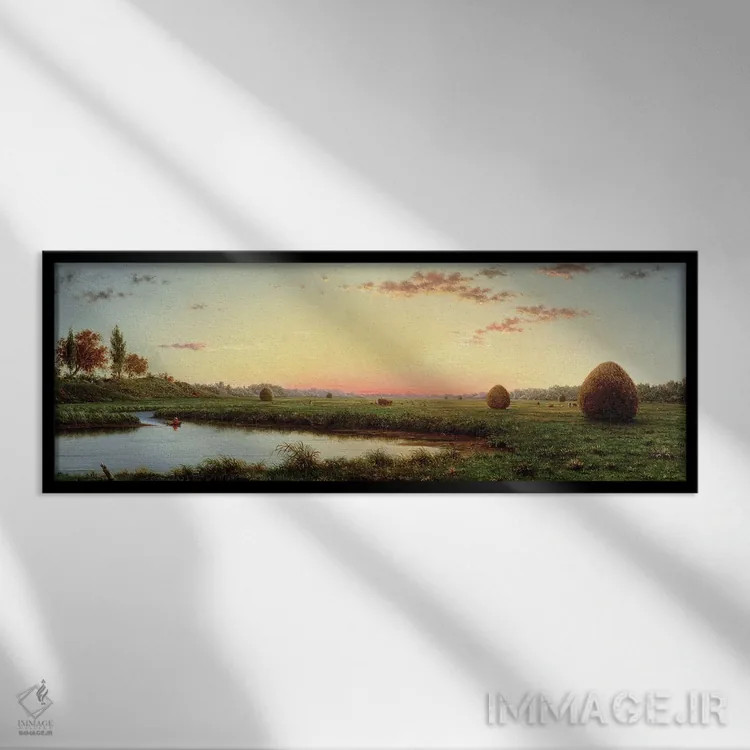 تابلو تودههای یونجه در باتلاق نیوبریپورت، ۱۸۶۲ اثر مارتین جانسون هید (نقاش طبیعتگرای آمریکایی) - نمای قابدار مشکی