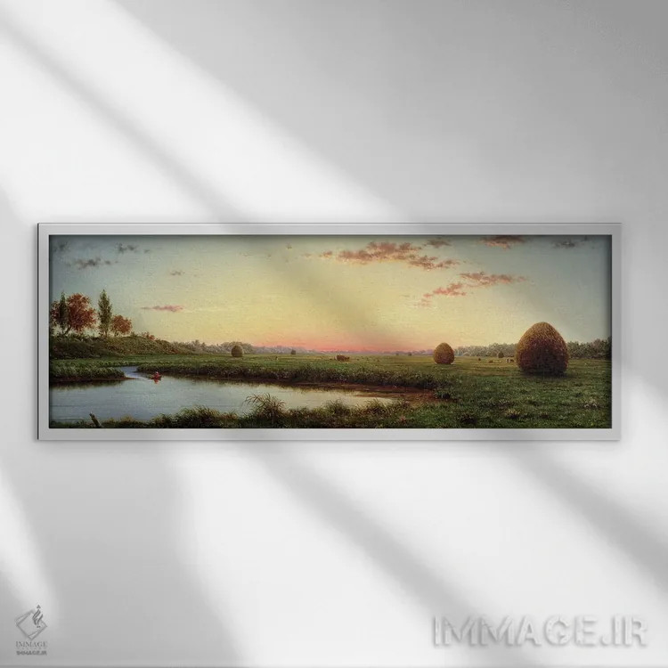 تابلو تودههای یونجه در باتلاق نیوبریپورت، ۱۸۶۲ اثر مارتین جانسون هید (نقاش طبیعتگرای آمریکایی) - نمای قابدار سفید