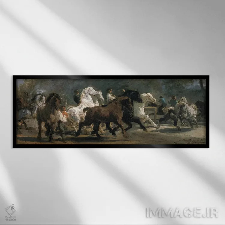 تابلو مطالعه برای بازار اسبها، ۱۸۵۲-۵۴ اثر روزا بونوور (نقاش فرانسوی) - نمای قابدار مشکی