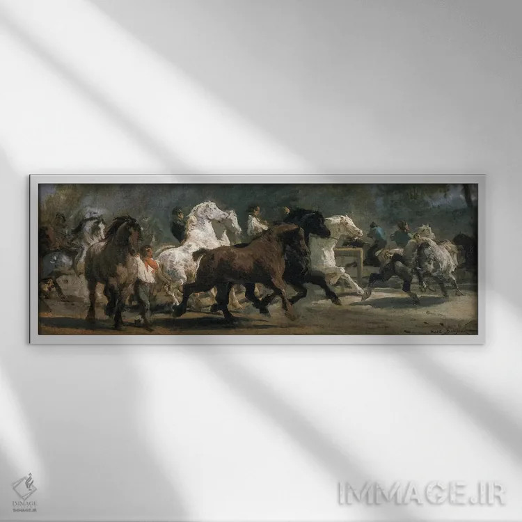 تابلو مطالعه برای بازار اسبها، ۱۸۵۲-۵۴ اثر روزا بونوور (نقاش فرانسوی) - نمای قابدار سفید