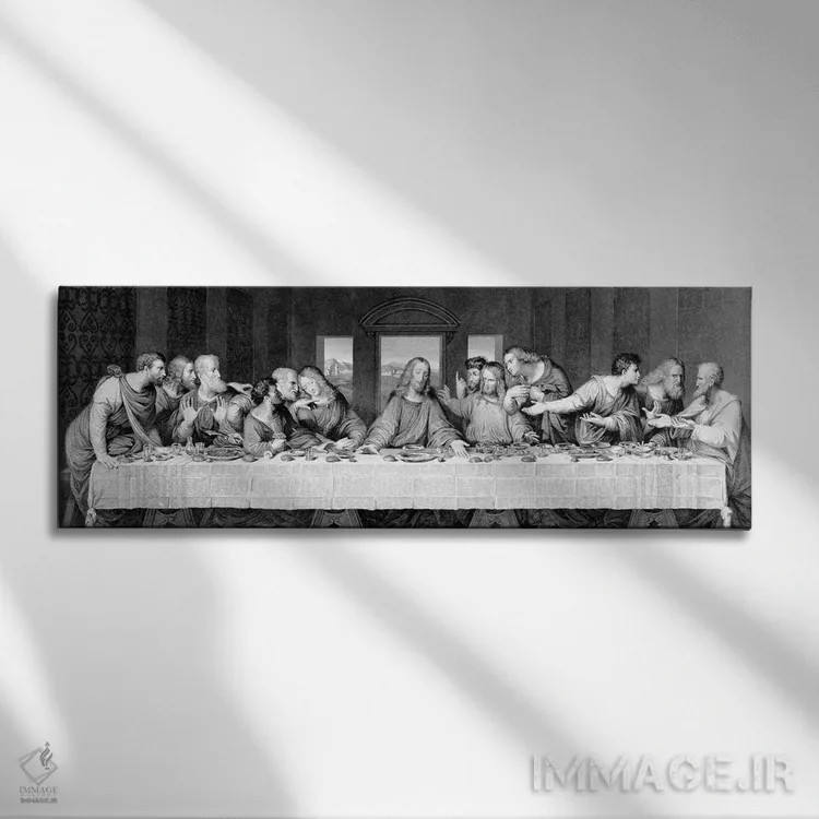 تابلو engraved by Frederick Bacon, 1863,شام آخر، حکاکی شده توسط فردریک بیکن، ۱۸۶۳ اثر لئوناردو داوینچی (نقاش و مخترع ایتالیایی) - نمای روبهرو روی دیوار