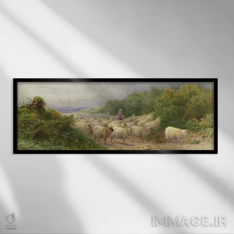 تابلو گوسفندان در دامنهها اثر ویلیام دبلیو. گوسلینگ - نمای قابدار مشکی