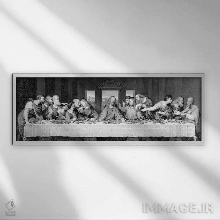 تابلو engraved by Frederick Bacon, 1863,شام آخر، حکاکی شده توسط فردریک بیکن، ۱۸۶۳ اثر لئوناردو داوینچی (نقاش و مخترع ایتالیایی) - نمای قابدار سفید