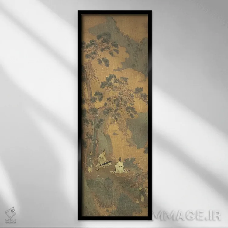 تابلو دو دانشمند در حال نواختن چین و اِرهو زیر یک درخت کاج اثر کیو یینگ - نمای قابدار مشکی