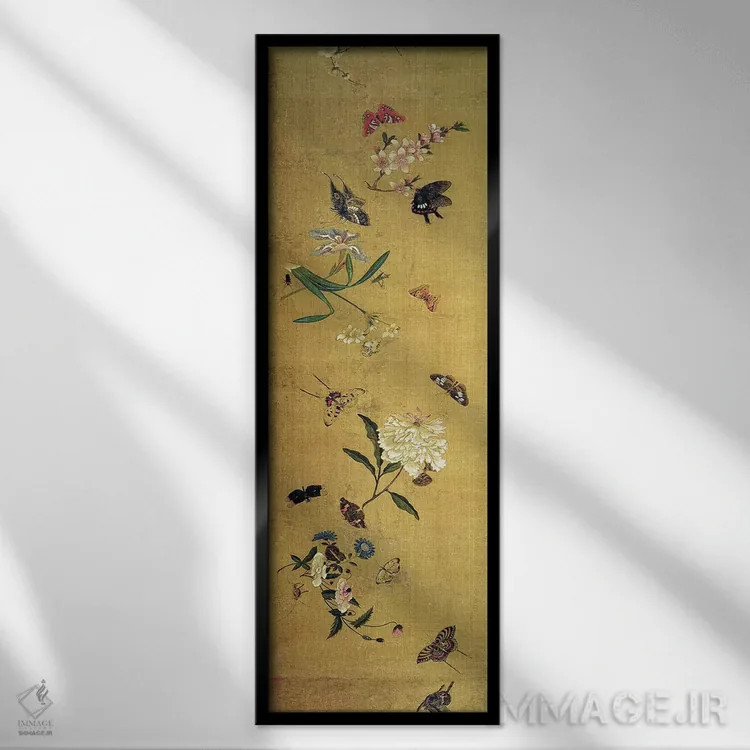 تابلو Flowers and Insects, detail from a handscroll,صد پروانه، گل و حشره، جزئیات یک طومار دستنویس اثر چن هونگشو (نقاش چینی) - نمای قابدار مشکی