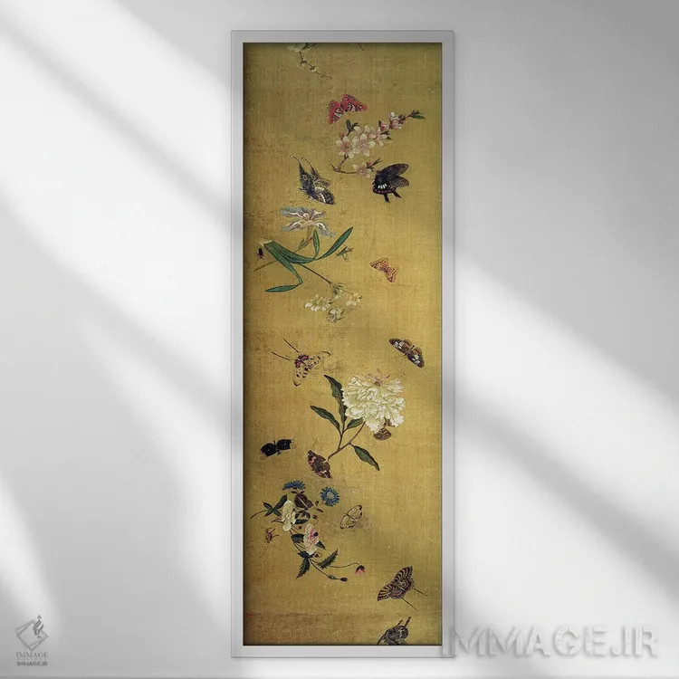 تابلو Flowers and Insects, detail from a handscroll,صد پروانه، گل و حشره، جزئیات یک طومار دستنویس اثر چن هونگشو (نقاش چینی) - نمای قابدار سفید