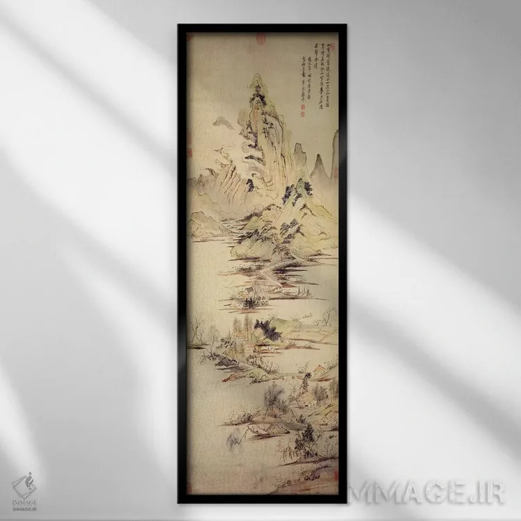 تابلو لذت ماهیگیر در دهکدهٔ آبی اثر یون شوپینگ - نمای قابدار مشکی