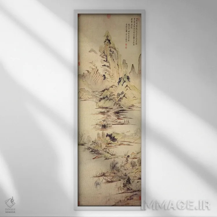 تابلو لذت ماهیگیر در دهکدهٔ آبی اثر یون شوپینگ - نمای قابدار سفید