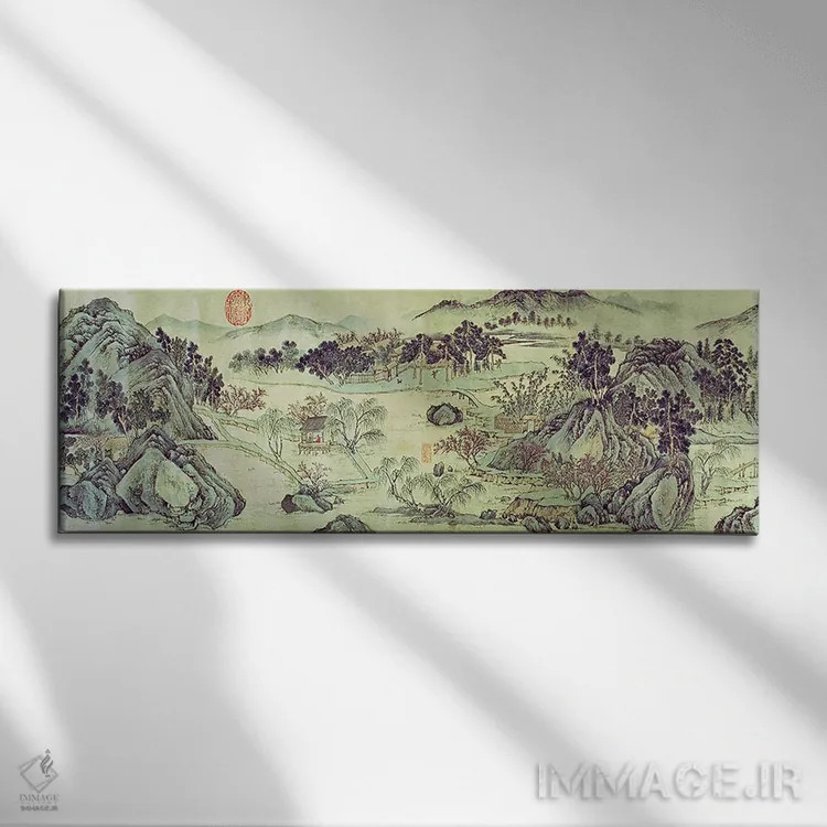 تابلو بهار شکوفههای هلو، از شعری به نام "تائو یوان بی جینگ" نوشته وانگ وی اثر ون ژنگمینگ (نقاش و ادب پارسی - سلسله مینگ چین) - نمای روبهرو روی دیوار