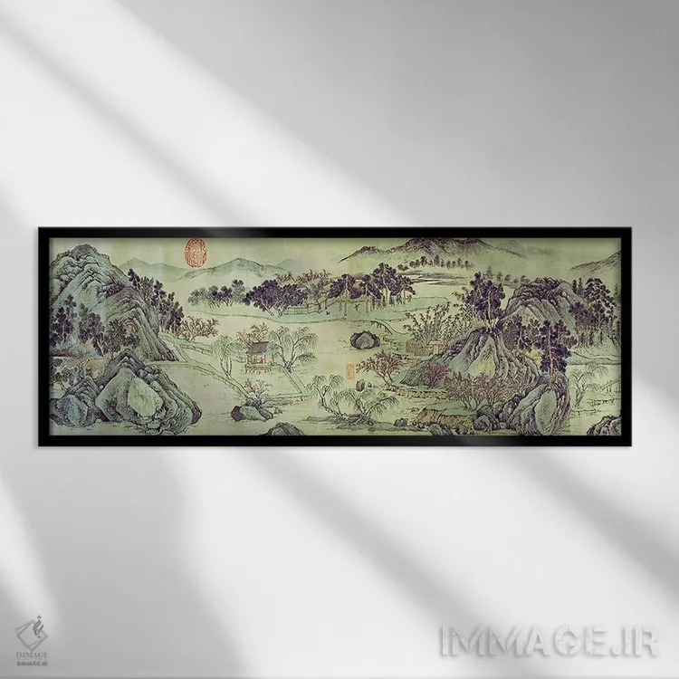 تابلو بهار شکوفههای هلو، از شعری به نام "تائو یوان بی جینگ" نوشته وانگ وی اثر ون ژنگمینگ (نقاش و ادب پارسی - سلسله مینگ چین) - نمای قابدار مشکی