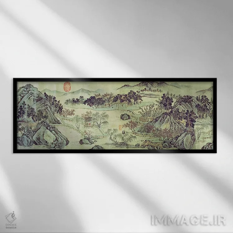 تابلو بهار شکوفههای هلو، از شعری به نام "تائو یوان بی جینگ" نوشته وانگ وی اثر ون ژنگمینگ (نقاش و ادب پارسی - سلسله مینگ چین) - نمای قابدار مشکی