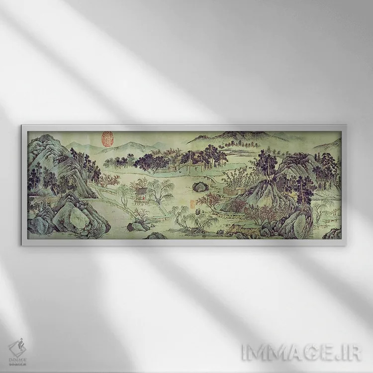 تابلو بهار شکوفههای هلو، از شعری به نام "تائو یوان بی جینگ" نوشته وانگ وی اثر ون ژنگمینگ (نقاش و ادب پارسی - سلسله مینگ چین) - نمای قابدار سفید