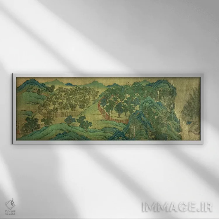 تابلو باغ اقامتگاه وانگ چوان، بر اساس سبک نقاشی و شعر وانگ وی اثر کیو یینگ - نمای قابدار سفید