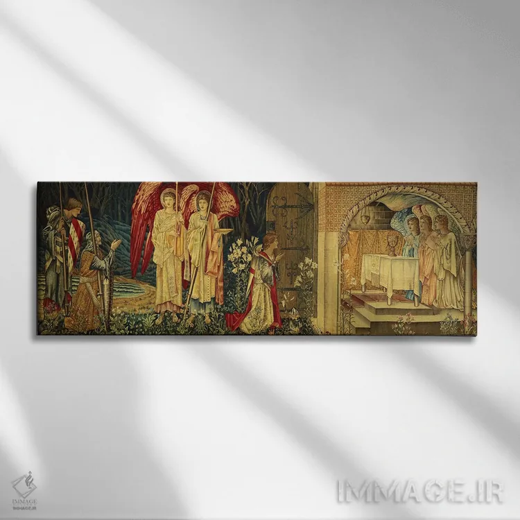 تابلو Sir Bors and Sir Percival,دستیابی به جام مقدس توسط سر گالاهاد، سر بُرس و سر پرسیوال (اسطوره آرتوری) اثر سر ادوارد کولی برن-جونز (نقاش پیشارافائلی بریتانیا) - نمای روبهرو روی دیوار