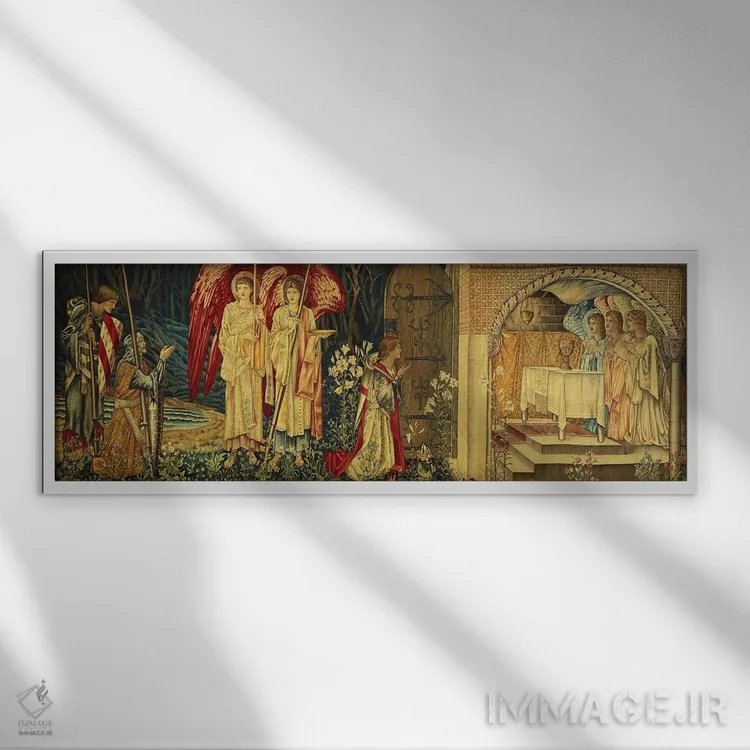 تابلو Sir Bors and Sir Percival,دستیابی به جام مقدس توسط سر گالاهاد، سر بُرس و سر پرسیوال (اسطوره آرتوری) اثر سر ادوارد کولی برن-جونز (نقاش پیشارافائلی بریتانیا) - نمای قابدار سفید