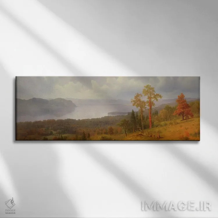 تابلو منظرهای بر رود هادسون رو به تاپن زی و کوه هوک، ۱۸۶۶ اثر آلبرت بیرشتات (نقاش منظره آمریکایی) - نمای روبهرو روی دیوار