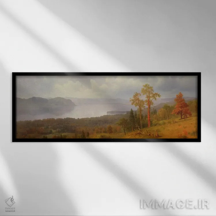 تابلو منظرهای بر رود هادسون رو به تاپن زی و کوه هوک، ۱۸۶۶ اثر آلبرت بیرشتات (نقاش منظره آمریکایی) - نمای قابدار مشکی