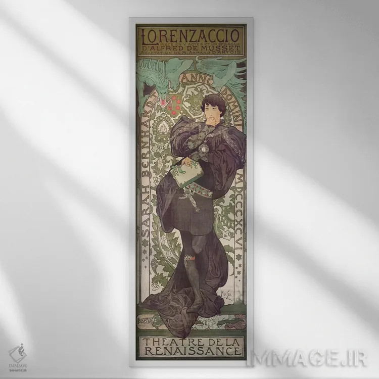 تابلو لورانزاتسیو ۱ (با بازی سارا برنارد)، ۱۸۹۶ اثر آلفونس موخا (هنرمند آرت نووی چک) - نمای قابدار سفید