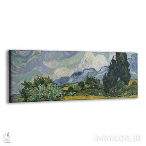 تابلو June-July 1889 (Metropolitan Museum Of Art, NYC),مزرعه گندم با سروها، ژوئن-ژوئیه ۱۸۸۹ (موزه متروپولیتن نیویورک) اثر ونسان ون گوگ (نقاش مشهور هلندی پستامپرسیونیسم) - نمای پرسپکتیو محصول