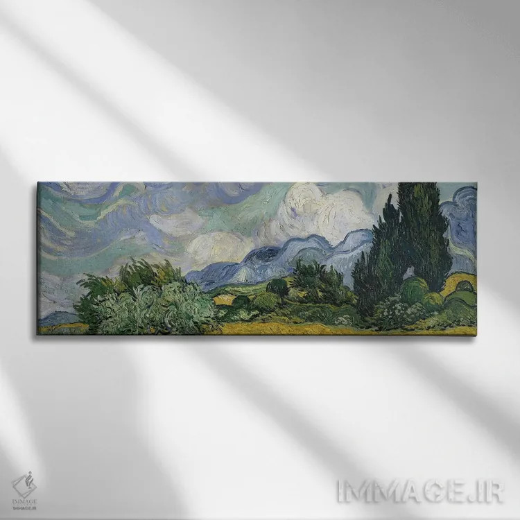 تابلو June-July 1889 (Metropolitan Museum Of Art, NYC),مزرعه گندم با سروها، ژوئن-ژوئیه ۱۸۸۹ (موزه متروپولیتن نیویورک) اثر ونسان ون گوگ (نقاش مشهور هلندی پستامپرسیونیسم) - نمای روبهرو روی دیوار