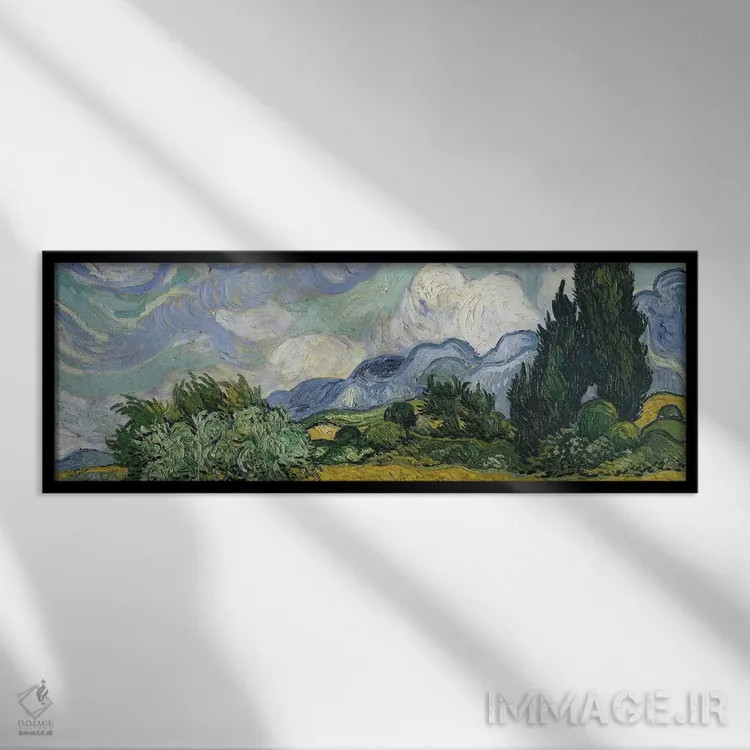 تابلو June-July 1889 (Metropolitan Museum Of Art, NYC),مزرعه گندم با سروها، ژوئن-ژوئیه ۱۸۸۹ (موزه متروپولیتن نیویورک) اثر ونسان ون گوگ (نقاش مشهور هلندی پستامپرسیونیسم) - نمای قابدار مشکی