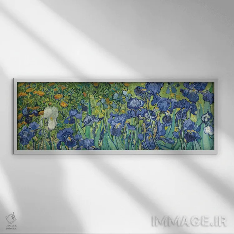 تابلو 1889,زنبقها، ۱۸۸۹ اثر ونسان ون گوگ (نقاش مشهور هلندی پستامپرسیونیسم) - نمای قابدار سفید