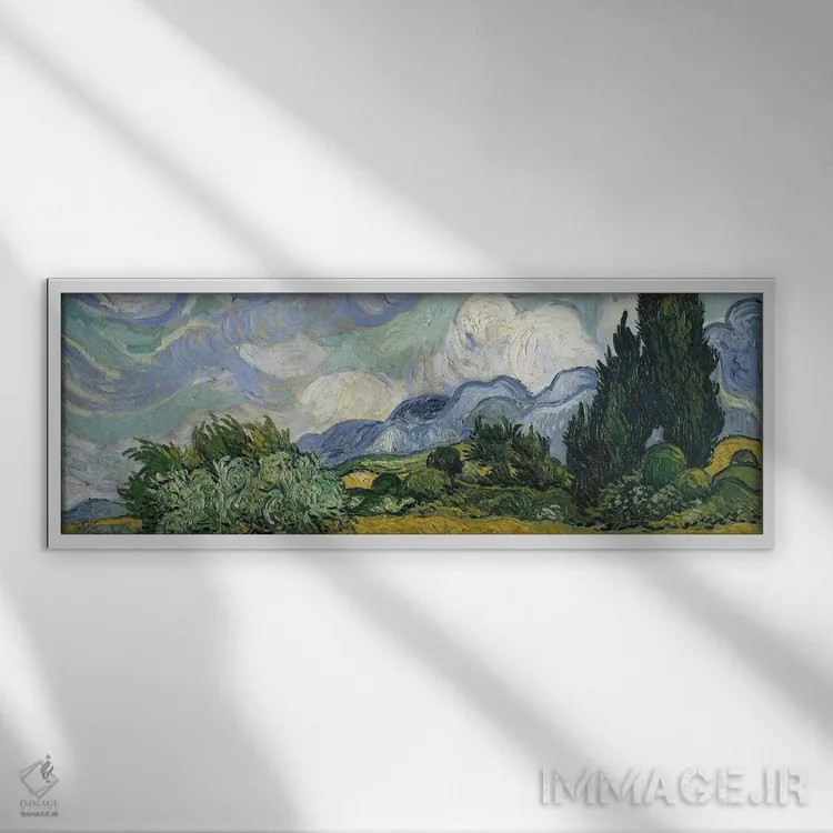 تابلو June-July 1889 (Metropolitan Museum Of Art, NYC),مزرعه گندم با سروها، ژوئن-ژوئیه ۱۸۸۹ (موزه متروپولیتن نیویورک) اثر ونسان ون گوگ (نقاش مشهور هلندی پستامپرسیونیسم) - نمای قابدار سفید