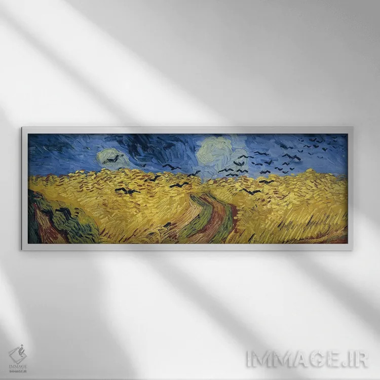 تابلو 1890,مزرعه گندم با کلاغها، ۱۸۹۰ اثر ونسان ون گوگ (نقاش مشهور هلندی پستامپرسیونیسم) - نمای قابدار سفید