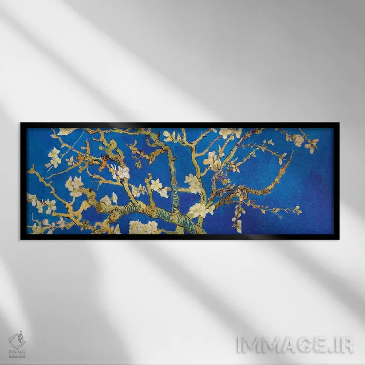 تابلو شکوفه بادام بر زمینه آبی سلطنتی اثر ونسان ون گوگ (نقاش مشهور هلندی پستامپرسیونیسم) - نمای قابدار مشکی