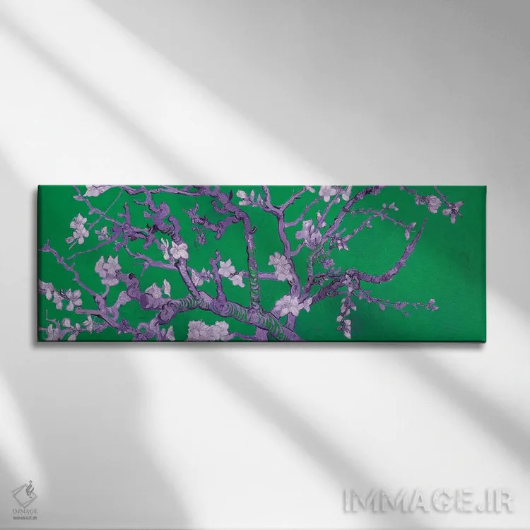 تابلو شکوفه بادام بر زمینه سبز اثر ونسان ون گوگ (نقاش مشهور هلندی پستامپرسیونیسم) - نمای روبهرو روی دیوار