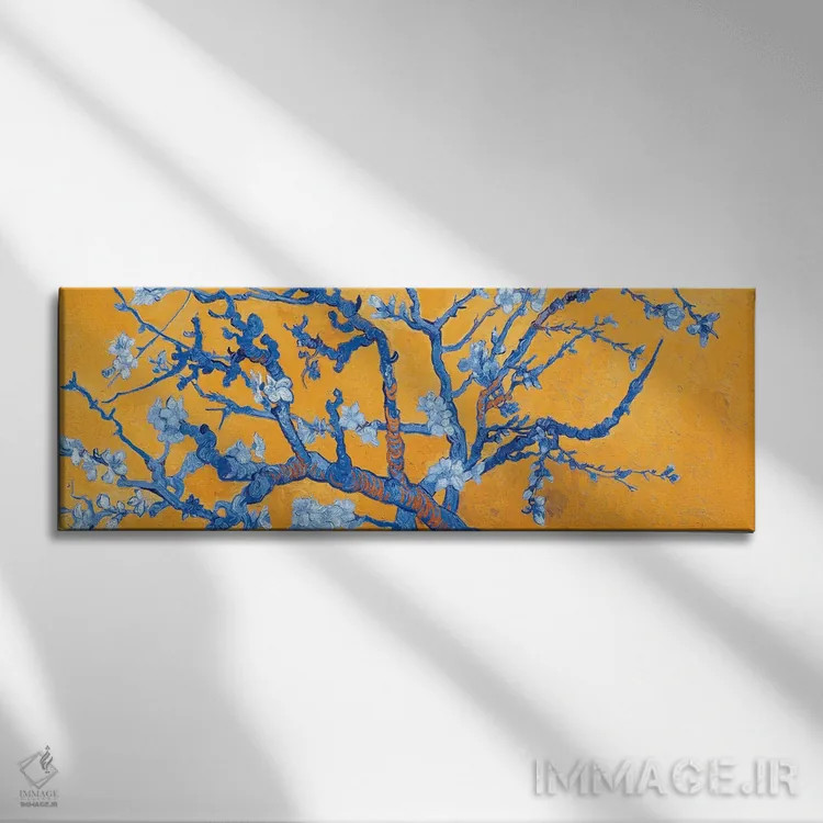 تابلو شکوفه بادام بر زمینه نارنجی اثر ونسان ون گوگ (نقاش مشهور هلندی پستامپرسیونیسم) - نمای روبهرو روی دیوار