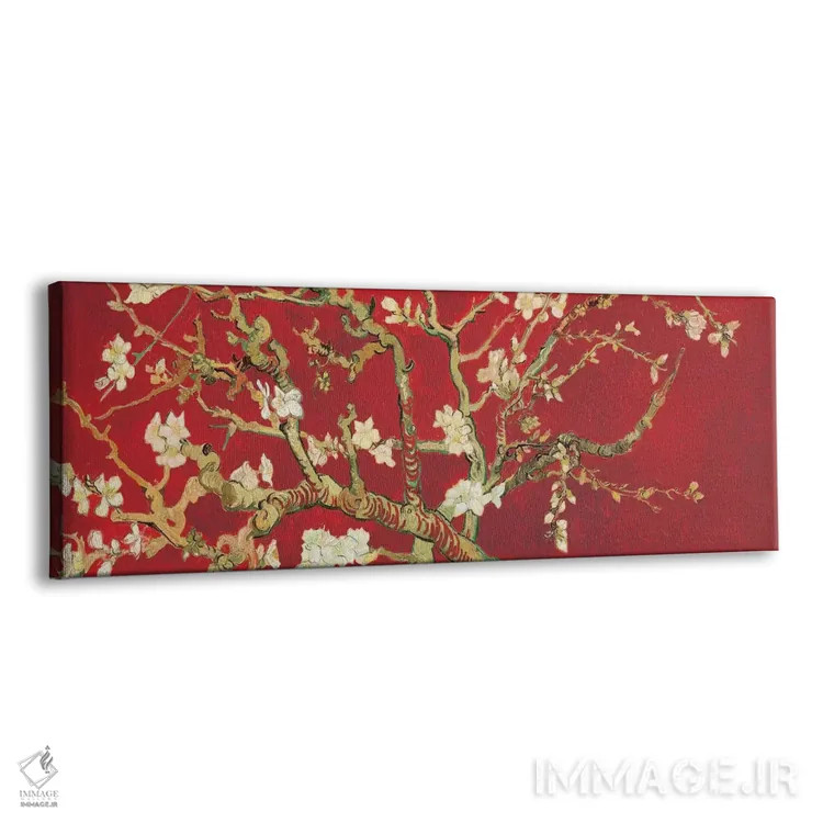 تابلو شکوفه بادام بر زمینه قرمز اثر ونسان ون گوگ (نقاش مشهور هلندی پستامپرسیونیسم) - نمای پرسپکتیو محصول