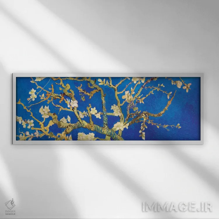تابلو شکوفه بادام بر زمینه آبی سلطنتی اثر ونسان ون گوگ (نقاش مشهور هلندی پستامپرسیونیسم) - نمای قابدار سفید