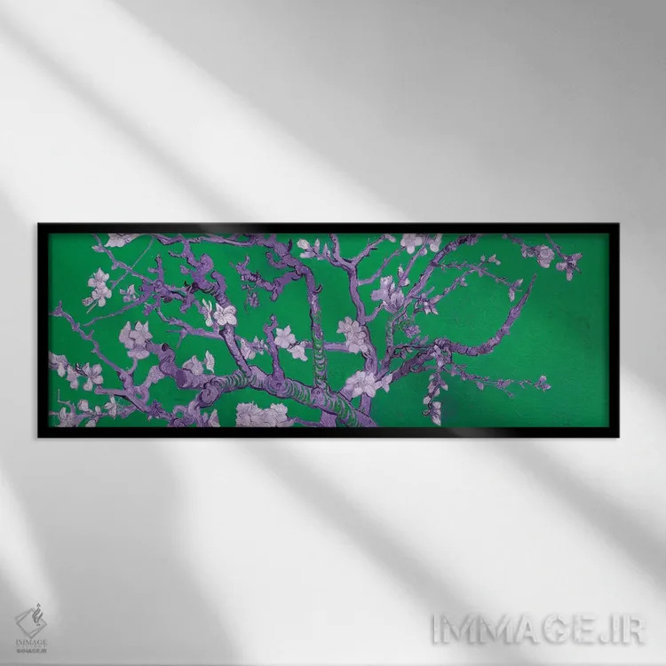 تابلو شکوفه بادام بر زمینه سبز اثر ونسان ون گوگ (نقاش مشهور هلندی پستامپرسیونیسم) - نمای قابدار مشکی