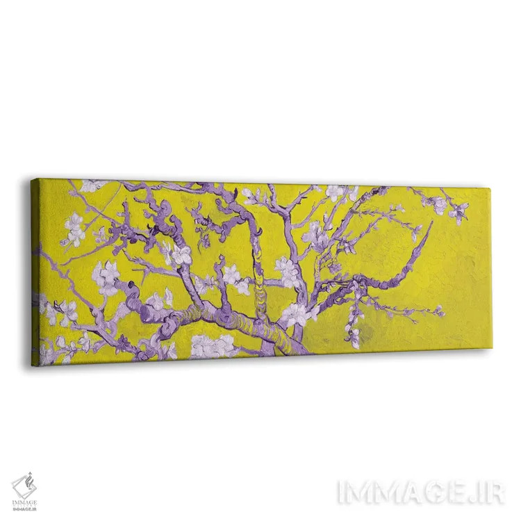 تابلو شکوفه بادام بر زمینه زرد اثر ونسان ون گوگ (نقاش مشهور هلندی پستامپرسیونیسم) - نمای پرسپکتیو محصول