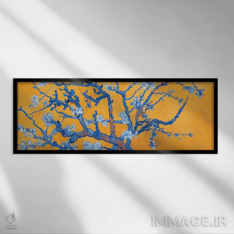 تابلو شکوفه بادام بر زمینه نارنجی اثر ونسان ون گوگ (نقاش مشهور هلندی پستامپرسیونیسم) - نمای قابدار مشکی