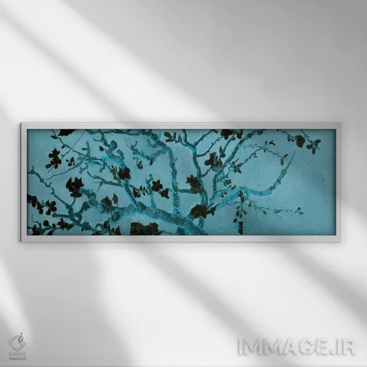تابلو شکوفه بادام بر زمینه آبی نفتی اثر ونسان ون گوگ (نقاش مشهور هلندی پستامپرسیونیسم) - نمای قابدار سفید