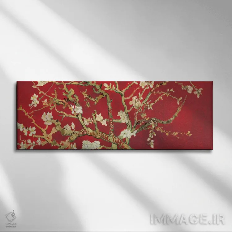 تابلو شکوفه بادام بر زمینه قرمز اثر ونسان ون گوگ (نقاش مشهور هلندی پستامپرسیونیسم) - نمای روبهرو روی دیوار