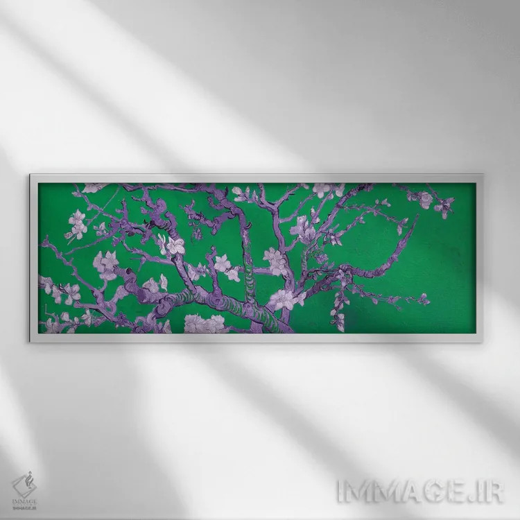 تابلو شکوفه بادام بر زمینه سبز اثر ونسان ون گوگ (نقاش مشهور هلندی پستامپرسیونیسم) - نمای قابدار سفید