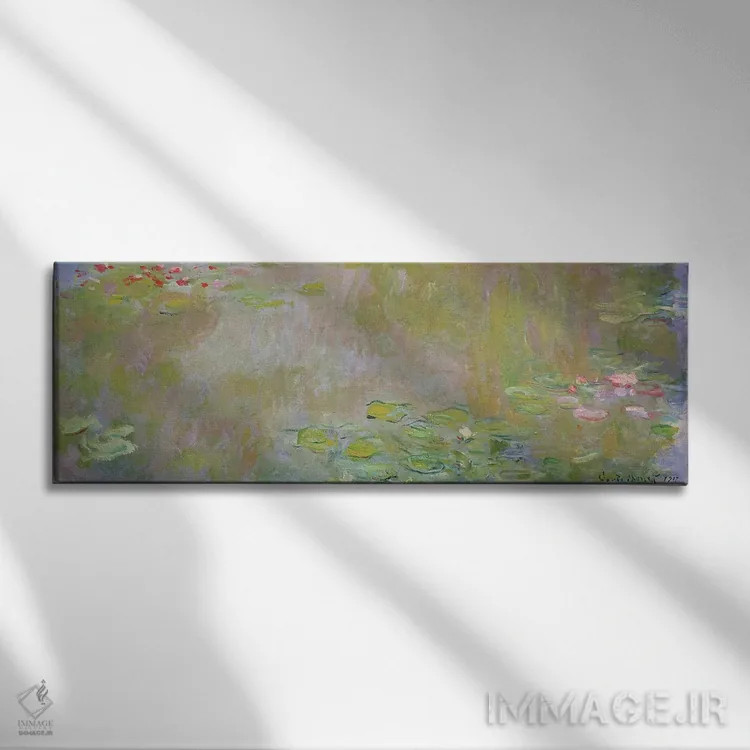 تابلو نیلوفرهای آبی در ژیورنی، ۱۹۱۷ اثر کلود مونه (نقاش معروف فرانسوی) - نمای روبهرو روی دیوار